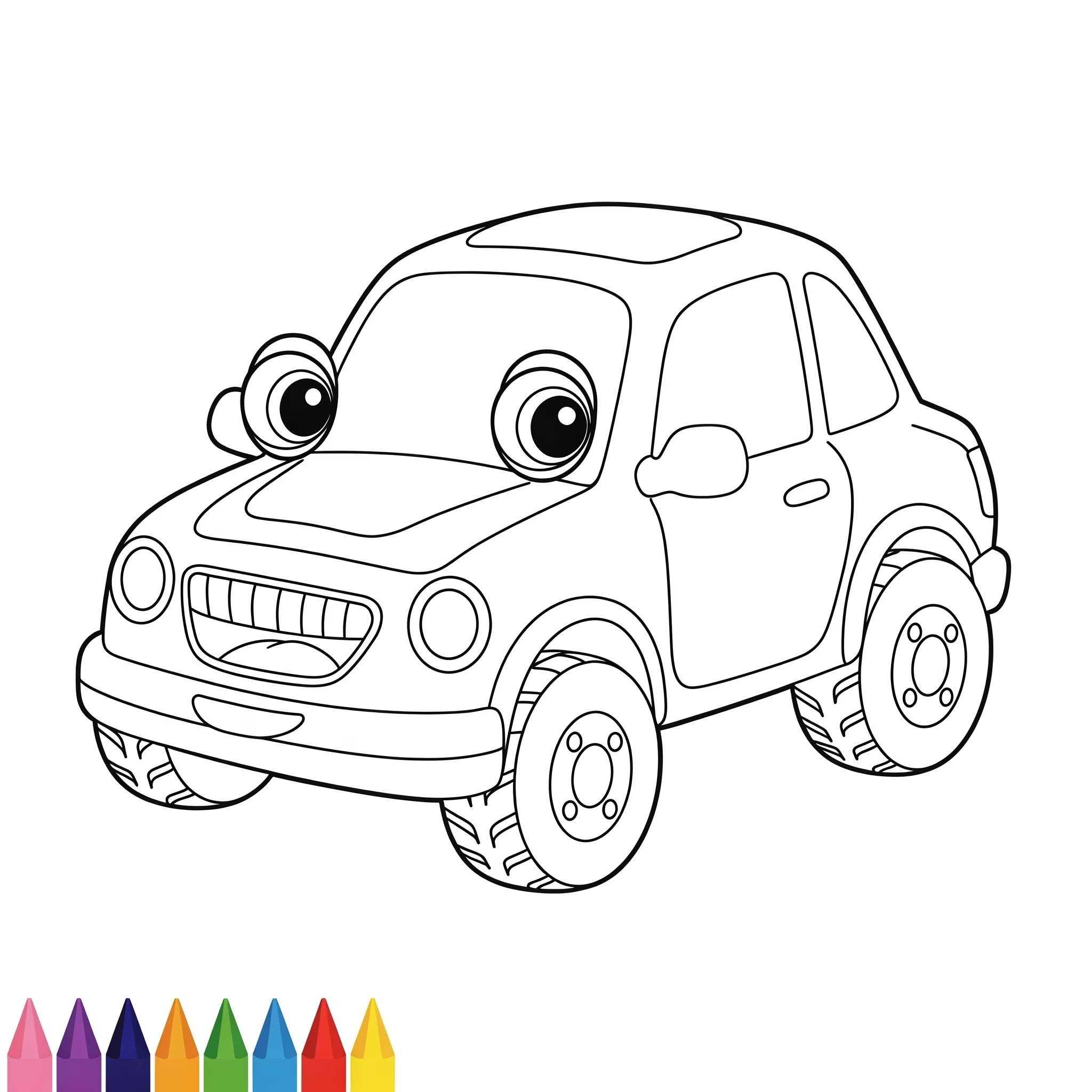 AI drawing of a car with eyes on the windshield ready to be colored on a white background