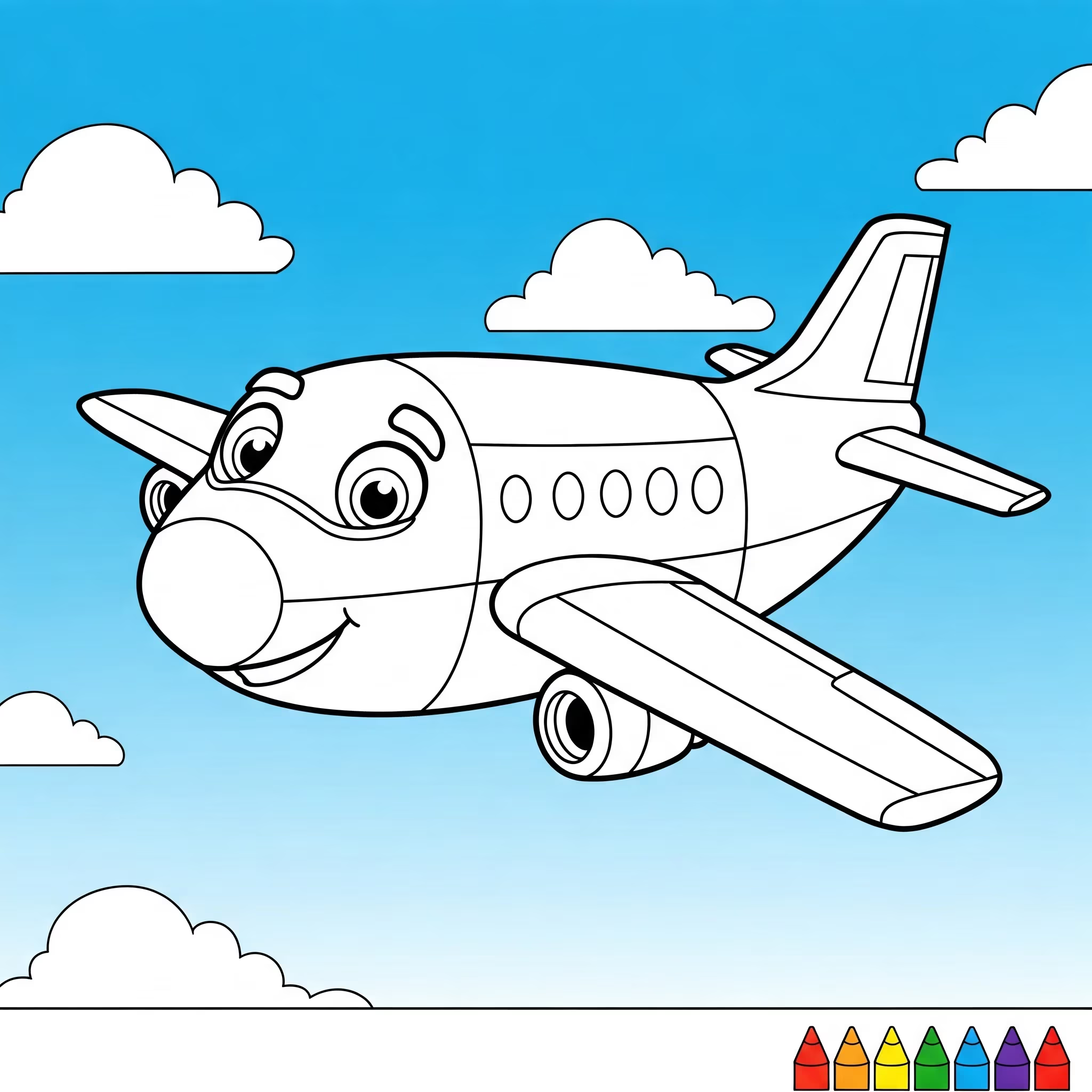 Airplane with eyes and mouth to color generated by AI surrounded by clouds and with a blue sky