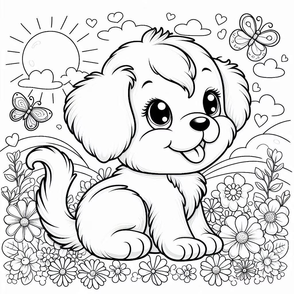 Coloring dog generated by AI, sitting in a garden full of flowers and butterflies and in the background you can see the sun