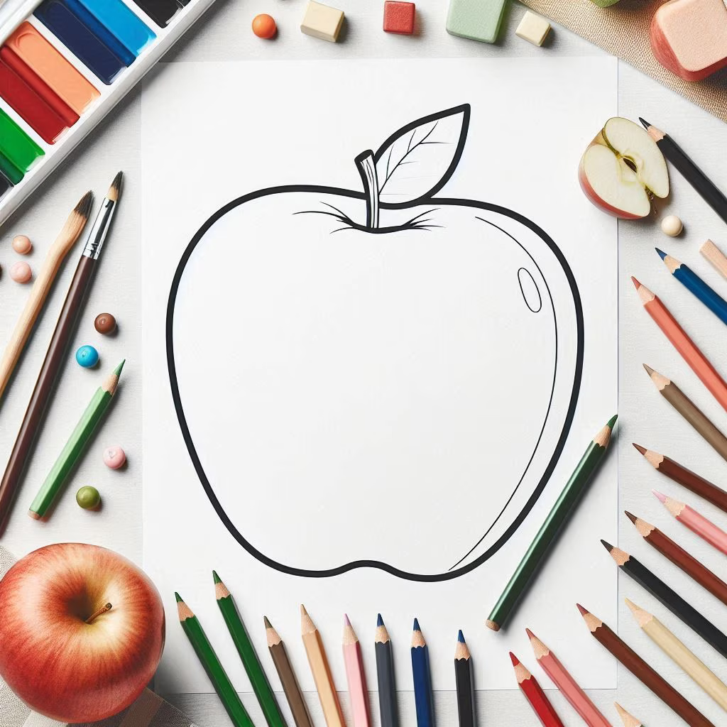 AI generated coloring apple with a leaf on top, around it are many colored pencils as well as brushes and a paint palette