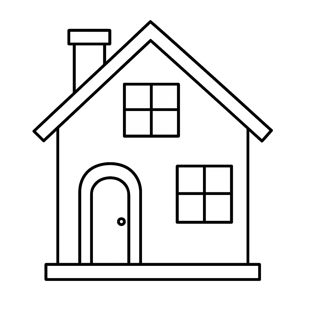 Coloring house generated by AI and it has two windows and a chimney and the door is with a rounded frame