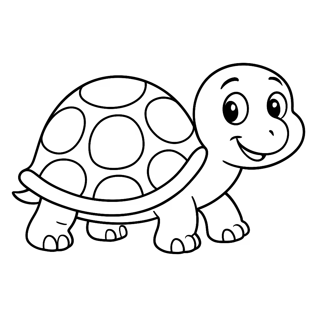Cute AI-generated coloring land turtle walking on a white background