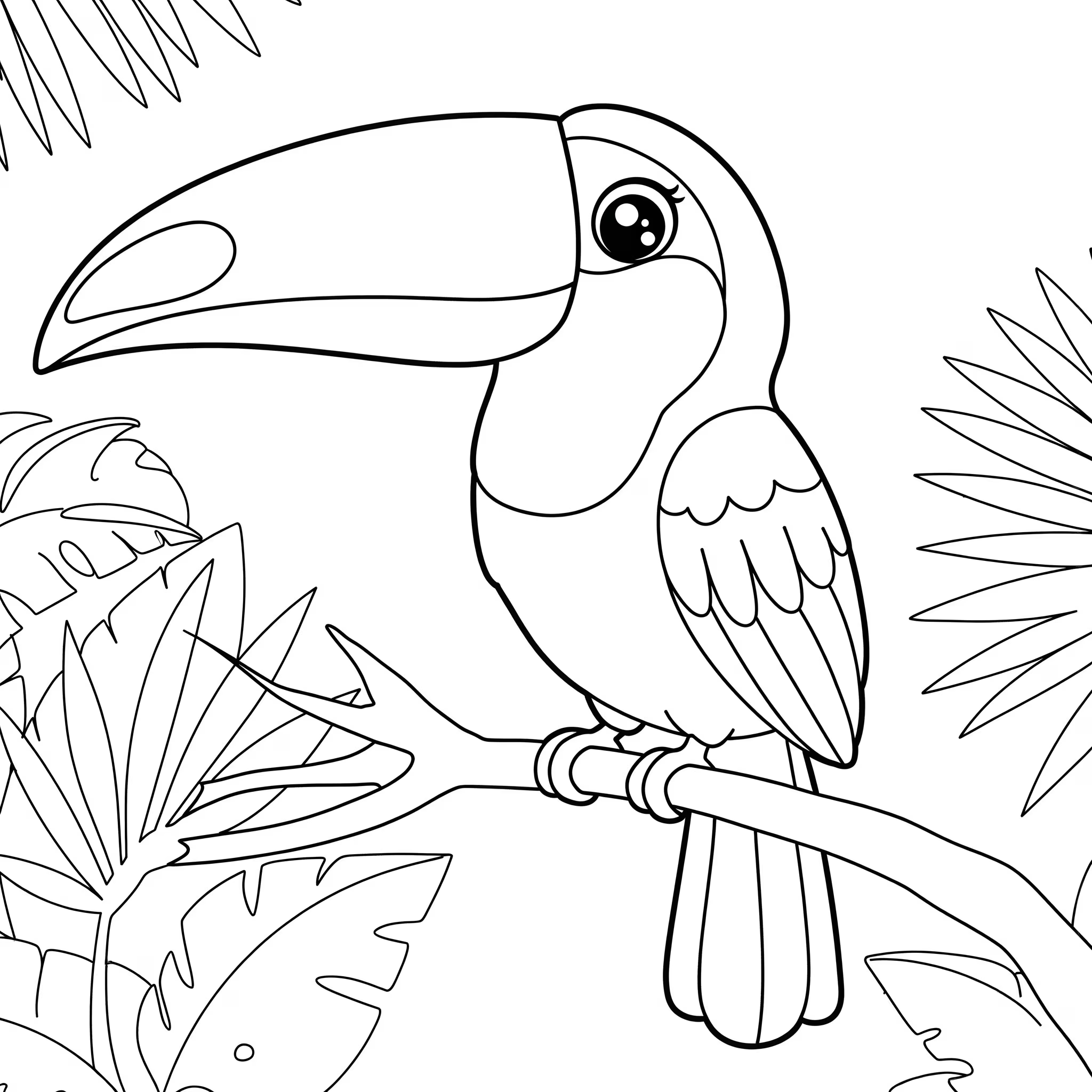 Toucan coloring page generated by AI resting on a tree branch, around it you can see several plants