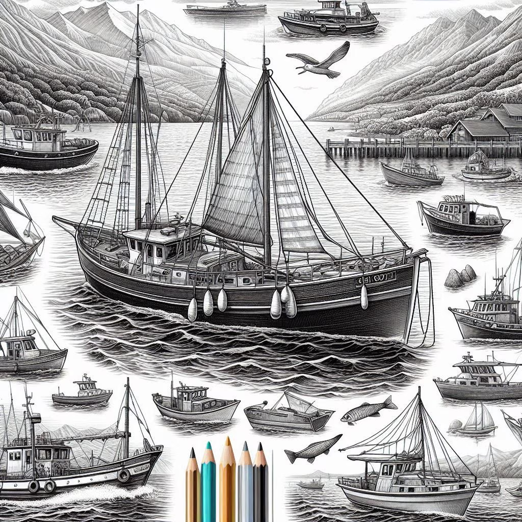 Port with many boats surrounded by mountains ready to color, generated by AI, also fish and a seagull are seen