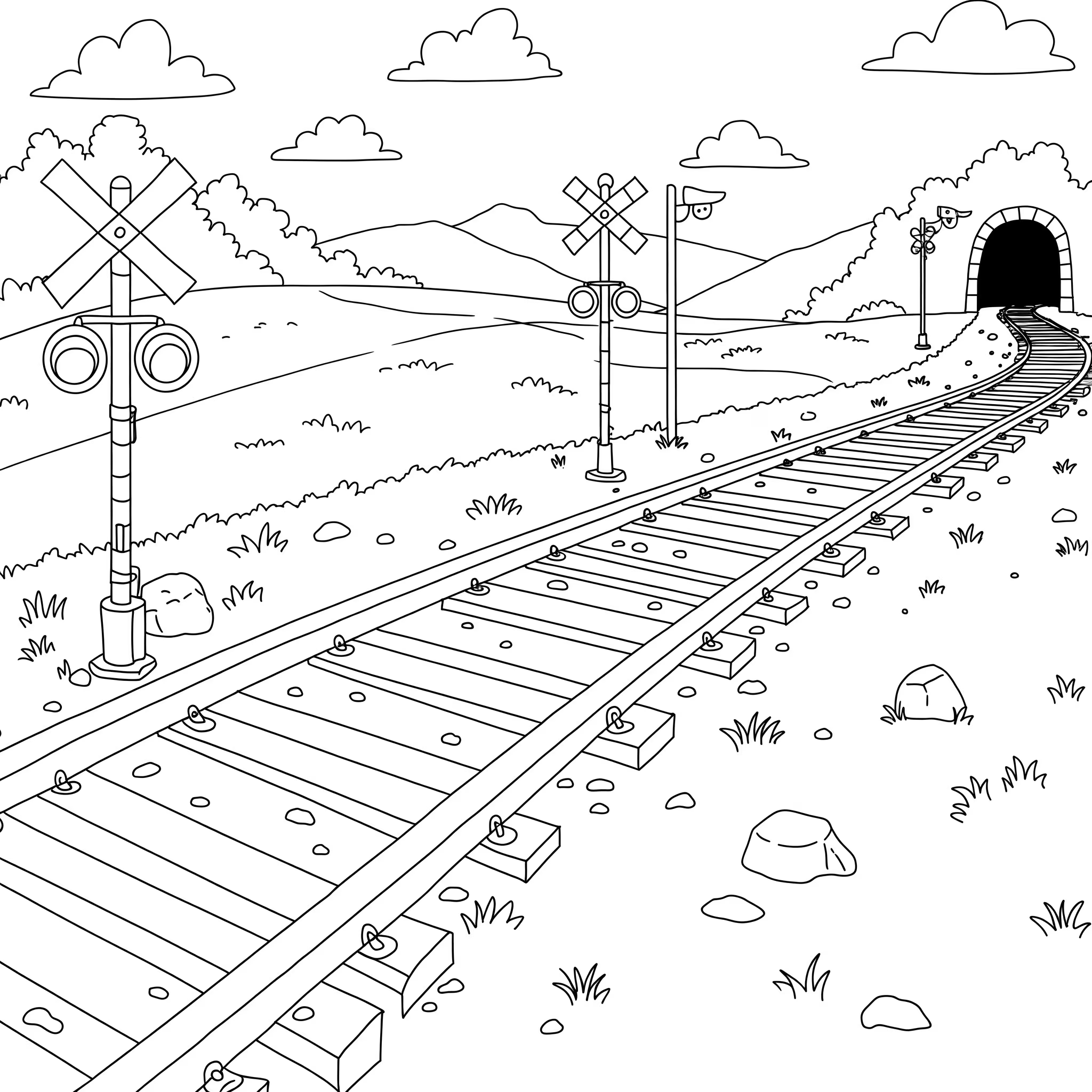 A railway line leading to a tunnel, generated by AI, with signs on the edge and clouds in the background