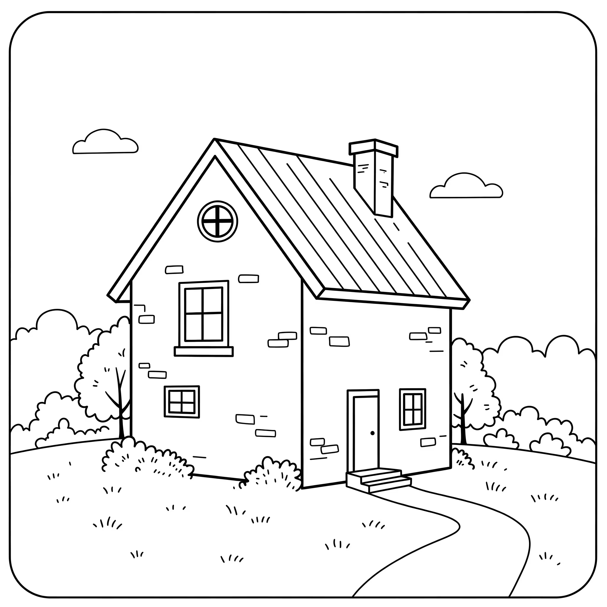 A coloring house located in the countryside, which is full of grass and trees and in the sky a couple of clouds