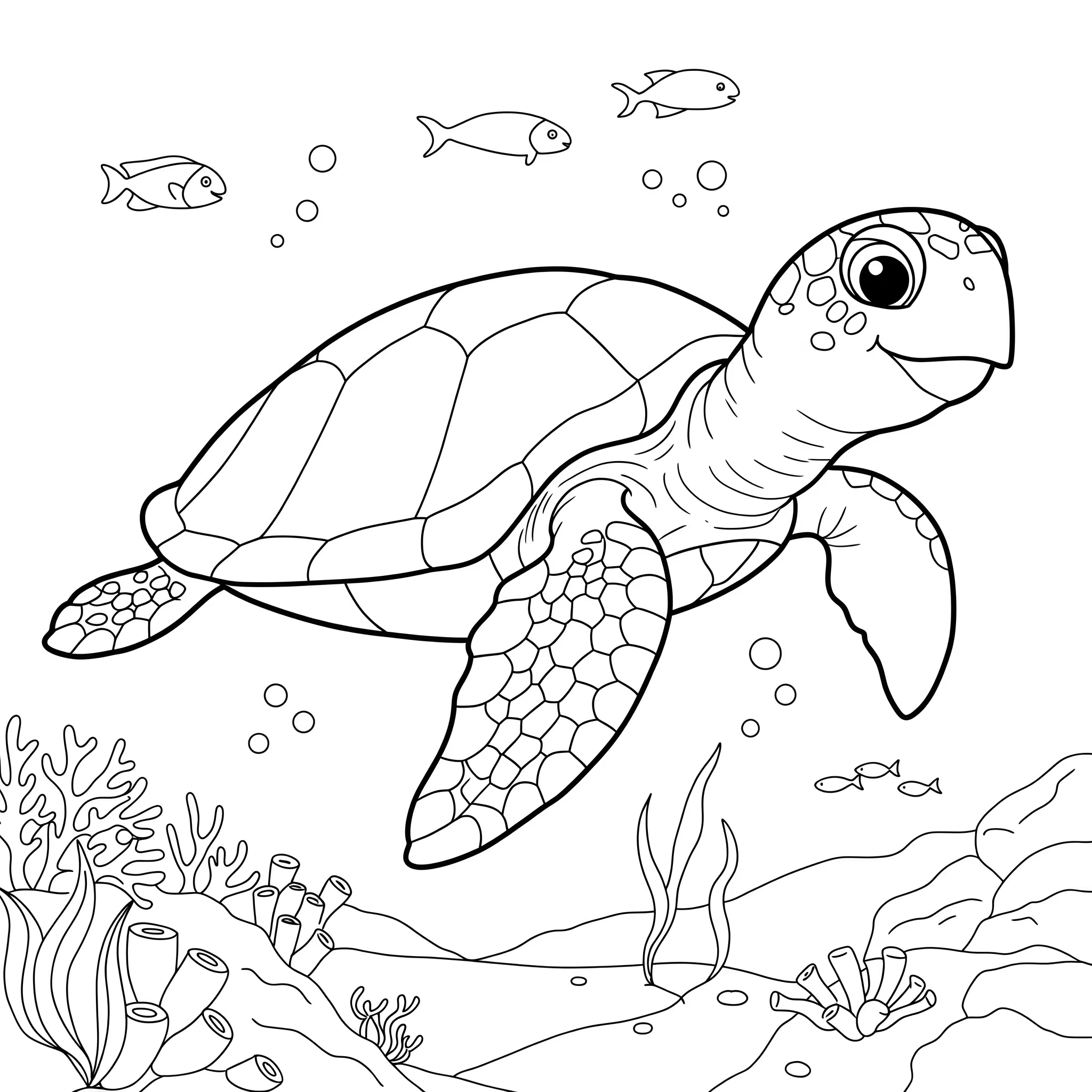 A cheerful sea turtle to color swimming on the seabed followed by some small fish