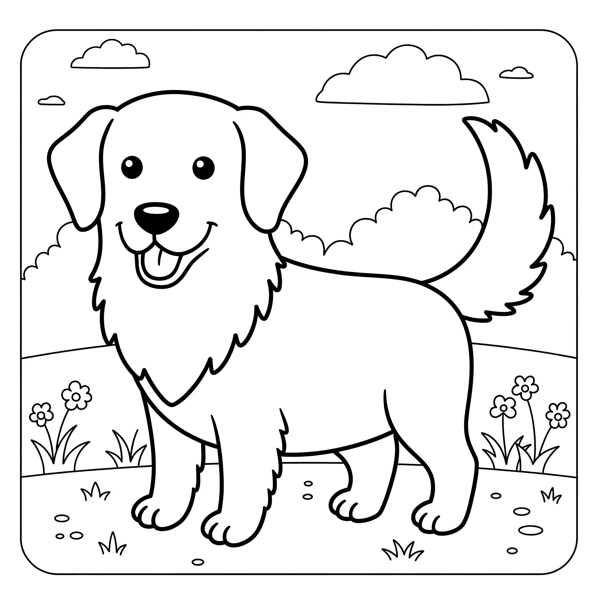 A funny AI-generated coloring dog with a very happy face and trees and clouds in the background