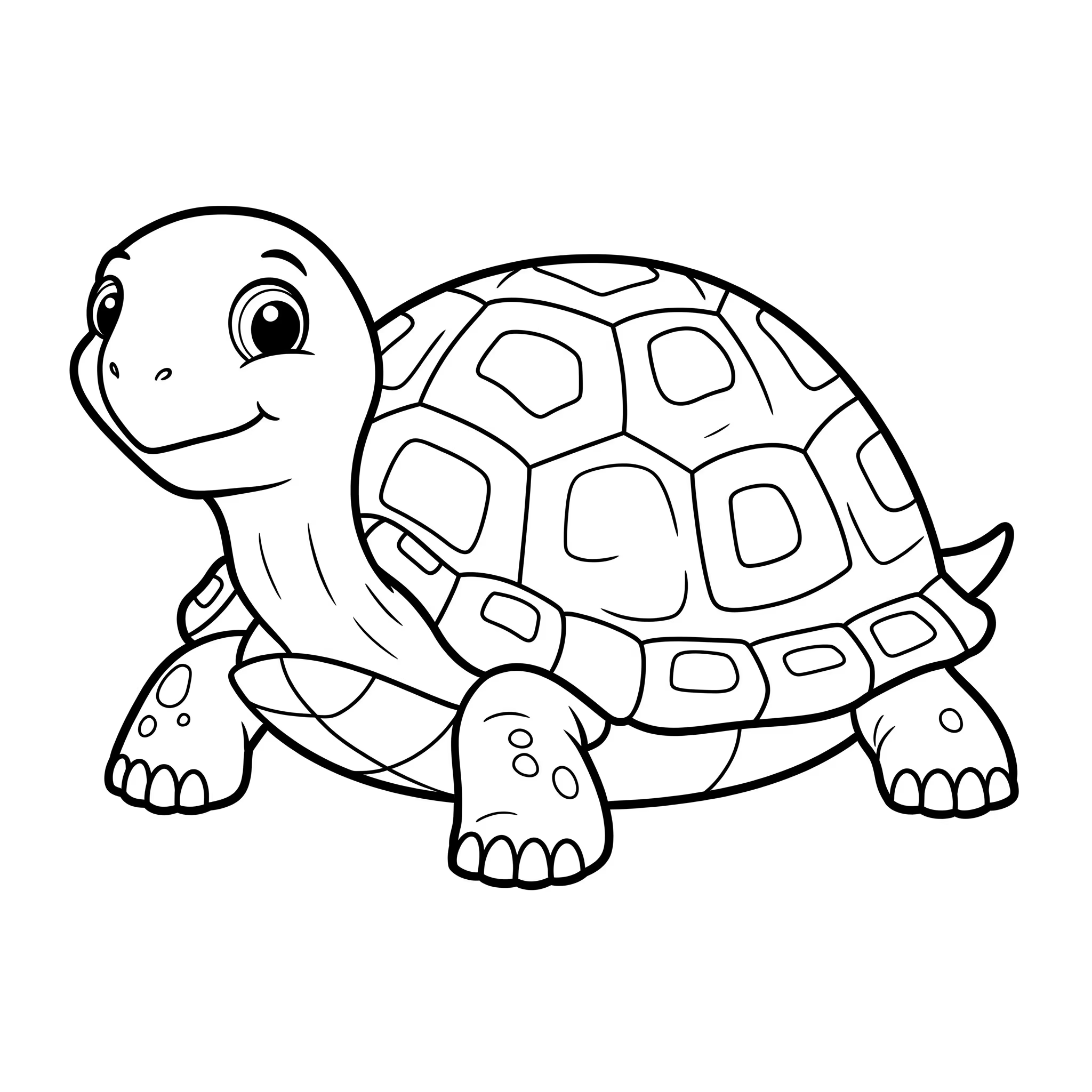 A funny land turtle to color, looking forward with a pleasant smile and the background is white
