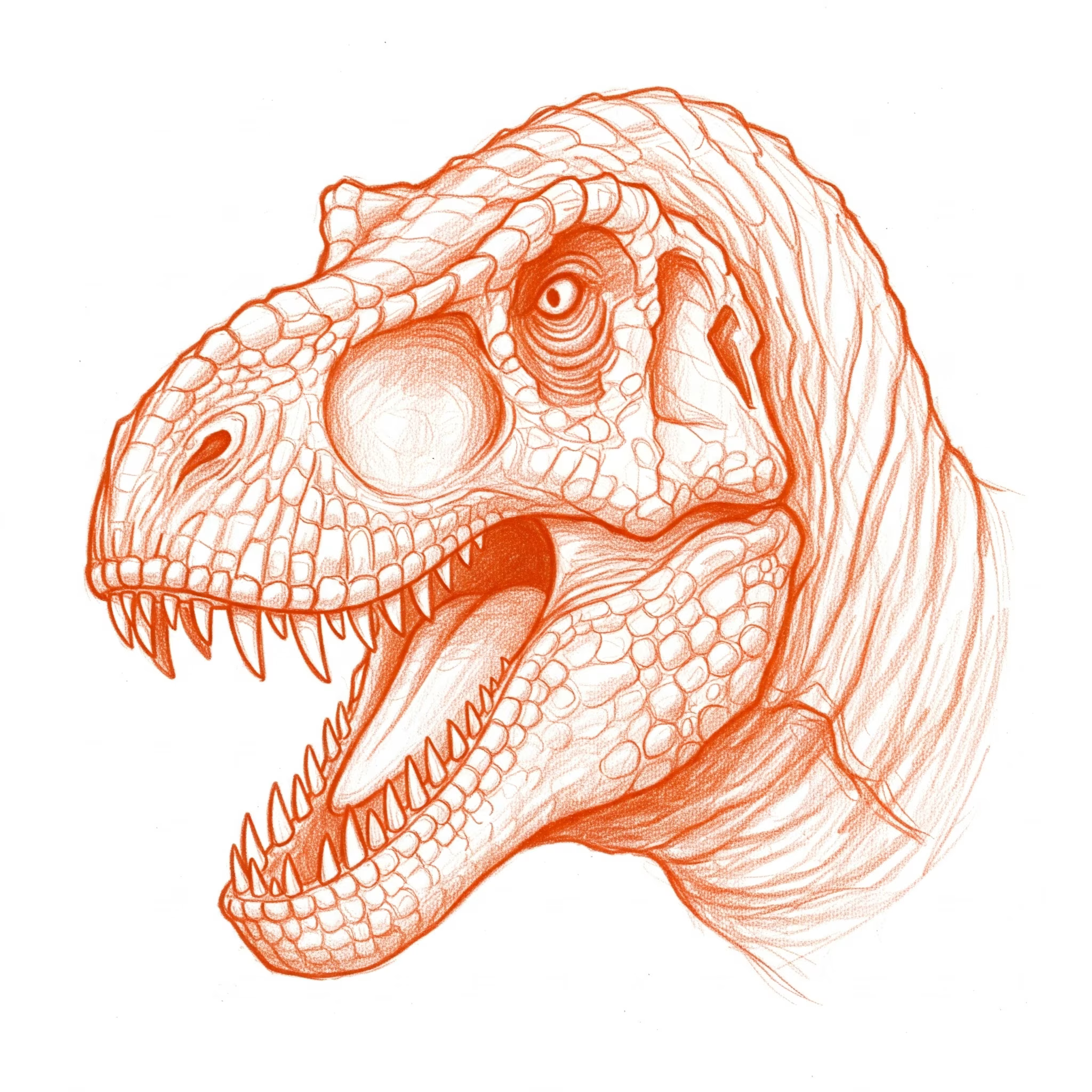 Head of a tyrannosaurus rex drawn by ai with orange stripes, it has an open mouth and a white background