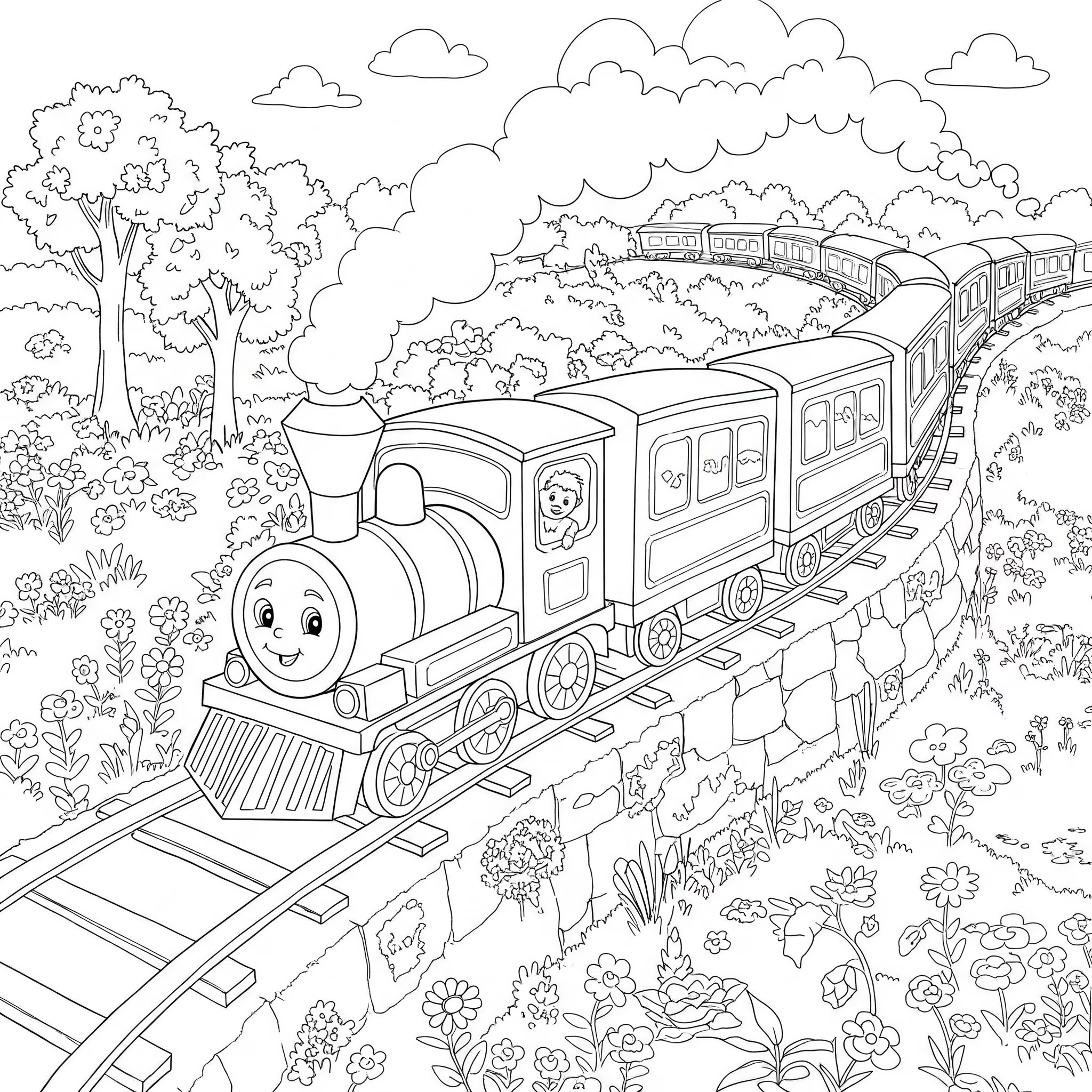 A comical train with eyes and mouth, generated by AI, has many cars and goes through an area of ​​plants and trees