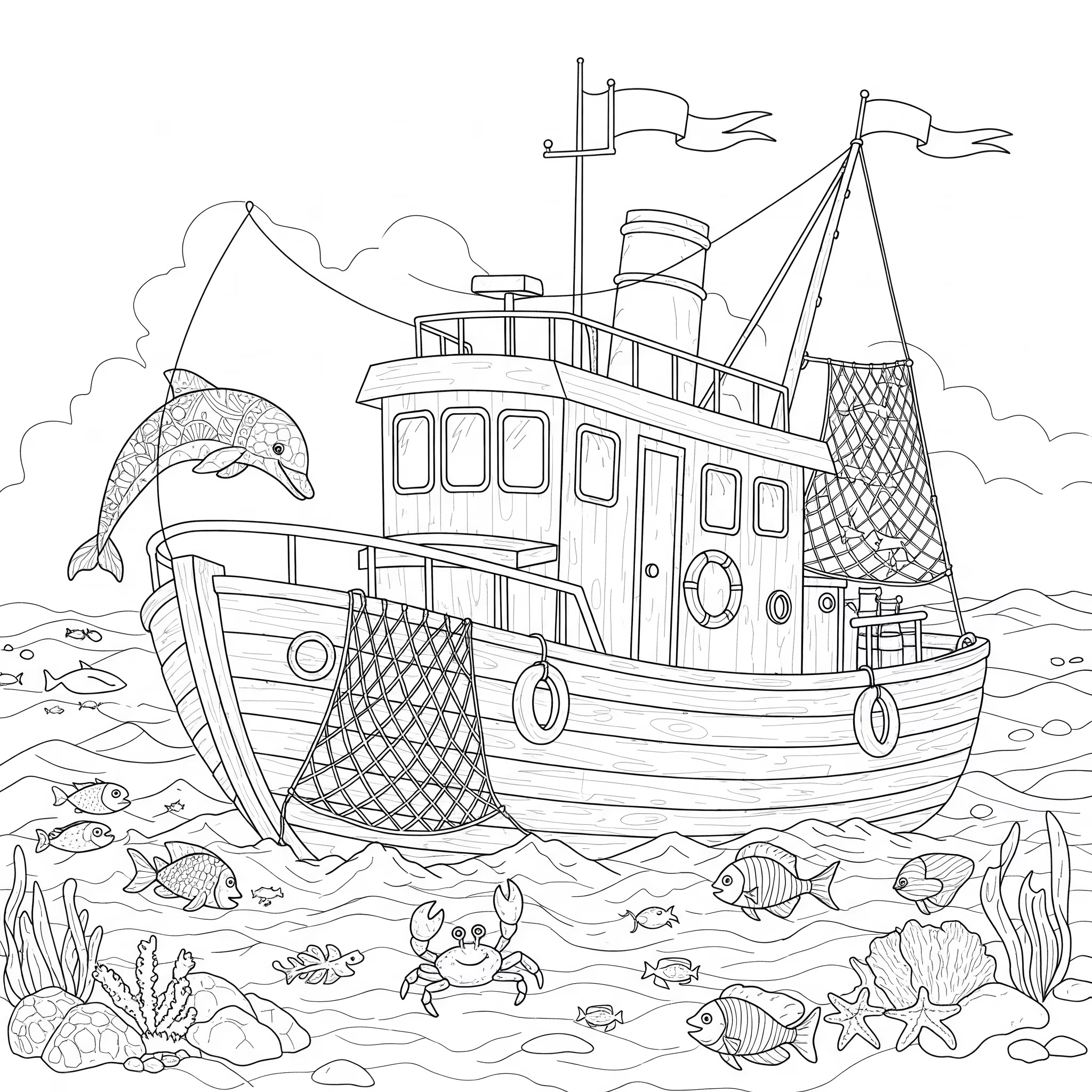 Coloring wooden boat generated by AI surrounded by animals such as a dolphin, fish, and a crab