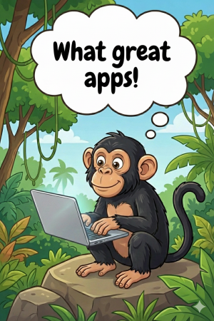 Cartoon of a chimpanzee saying 'What great apps'. Tienda de aplicaciones gratis. Este catálogo incluye potentes aplicaciones web progresivas (PWAs) que se pueden instalar en diferentes dispositivos y que potenciarán tu productividad, creatividad y eficiencia. Descubre este mundo de herramientas prácticas diseñadas para ser rápidas, confiables y accesibles directamente desde tu navegador, ofreciendo una experiencia fluida sin la necesidad de descargas de tiendas de aplicaciones tradicionales. Simplemente haz clic, explora y añádelas a tu pantalla de inicio para un acceso instantáneo. ¡Descubre cómo estas aplicaciones innovadoras pueden mejorar tu productividad diaria y simplificar tu vida digital!