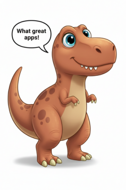 Cartoon dinosaur saying What great apps!