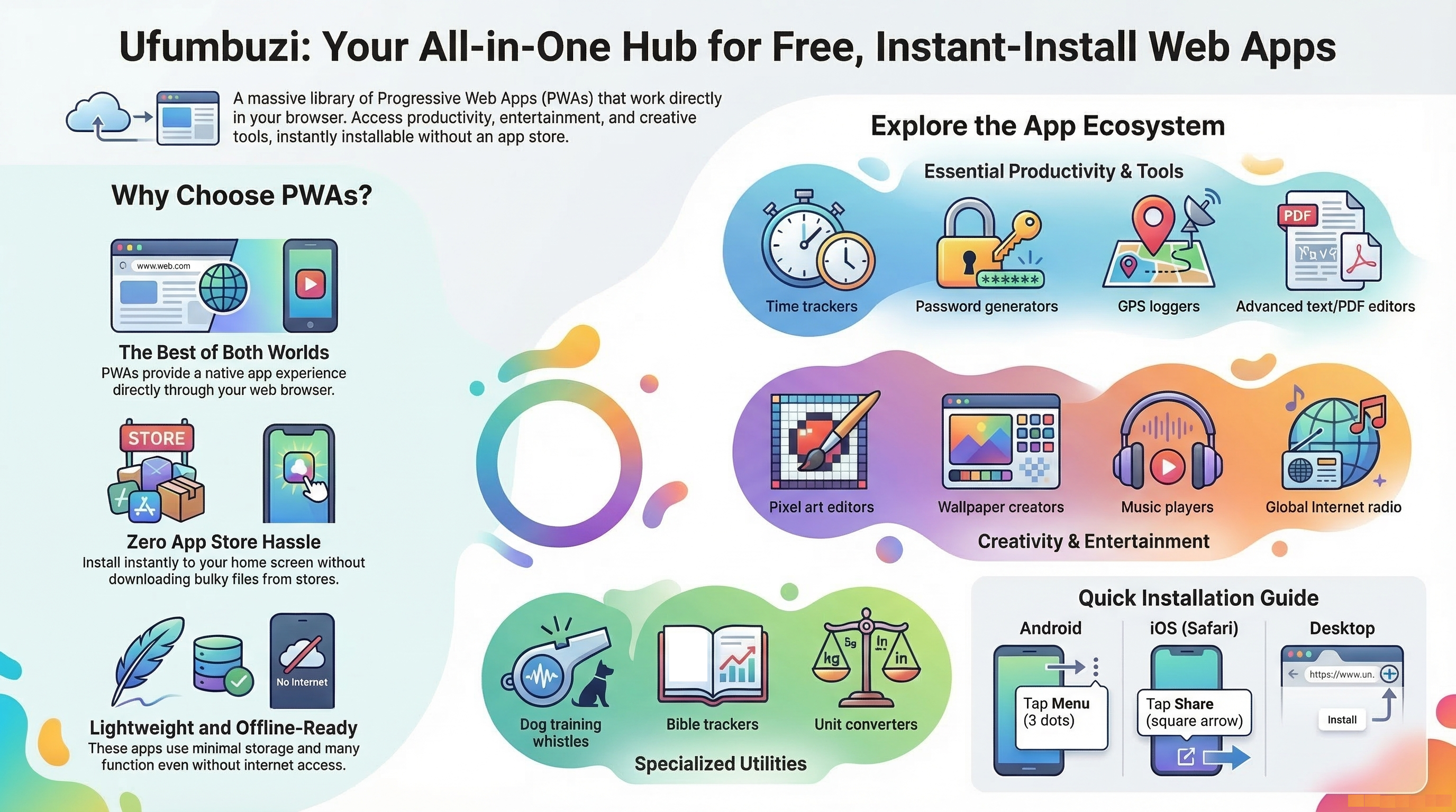 Infographic: a combination of concise, explanatory, and easy-to-understand images, along with brief texts, that visually and simply communicate information about the content of the ufumbuzi.com website.